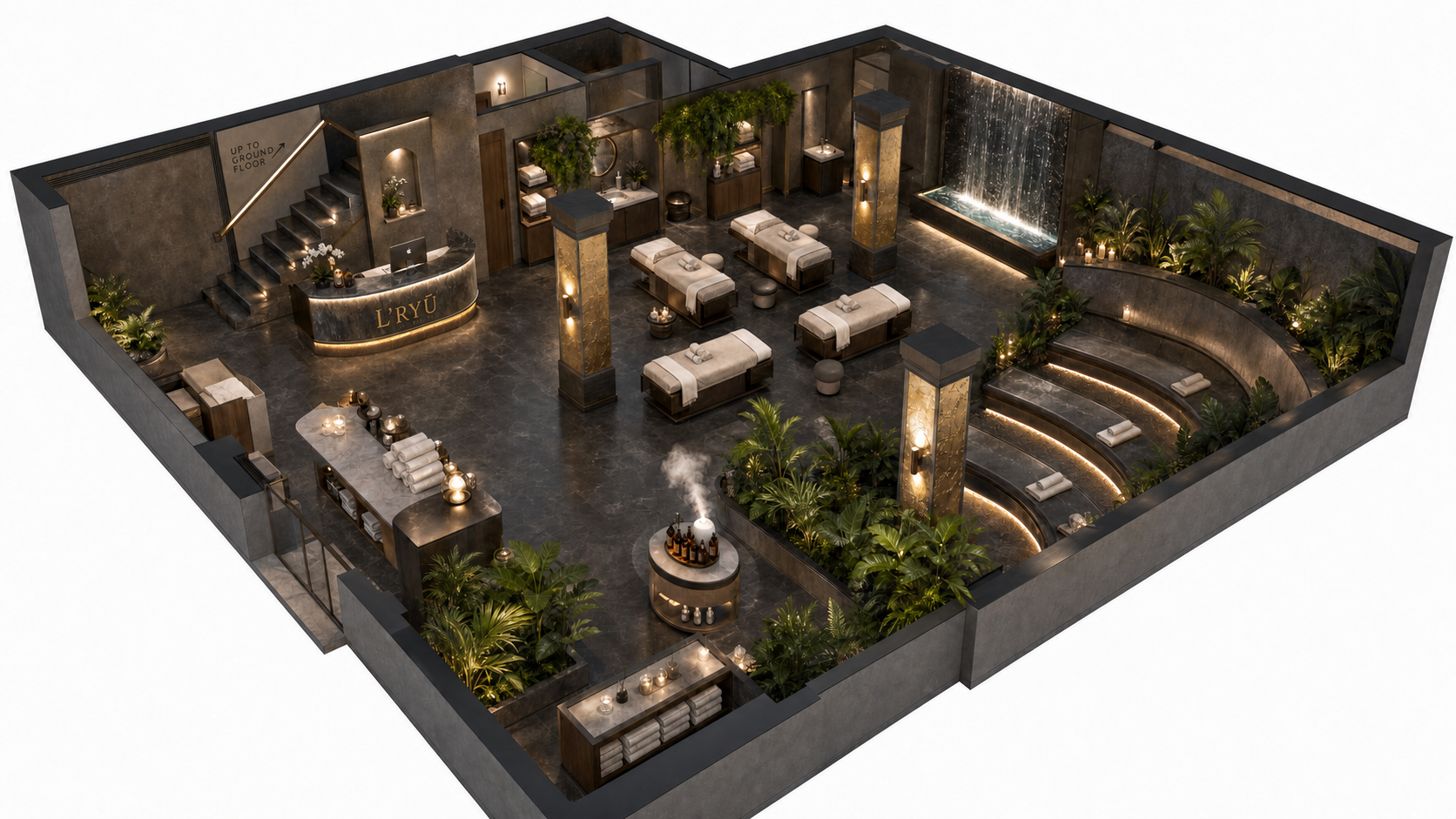3D rendering of L'RYŪ basement wellness spa